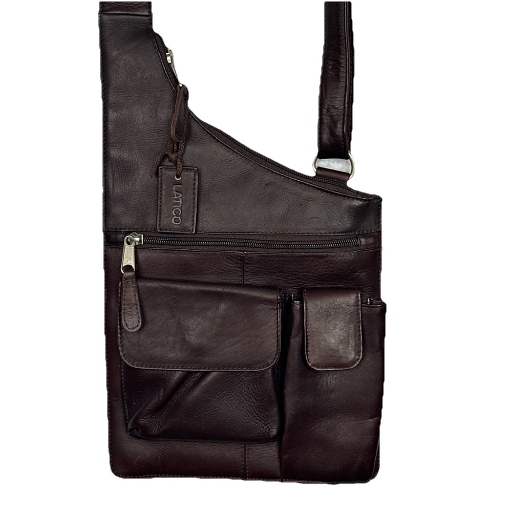 Latico Leather Sling Crossbody Bag Asymmetrical Organizer Multi Pocket Brown